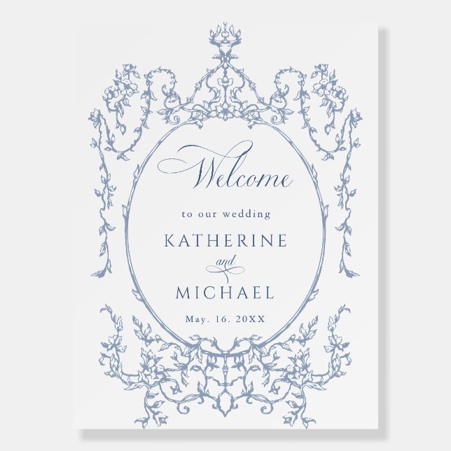 Classic Floral Frame Dusty Blue Wedding Welcome  Foam Board (Front)