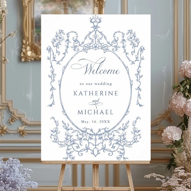 Classic Floral Frame Dusty Blue Wedding Welcome  Foam Board (Creator Uploaded)