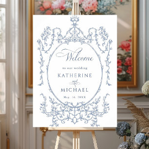 Classic Floral Frame Dusty Blue Wedding Welcome Poster