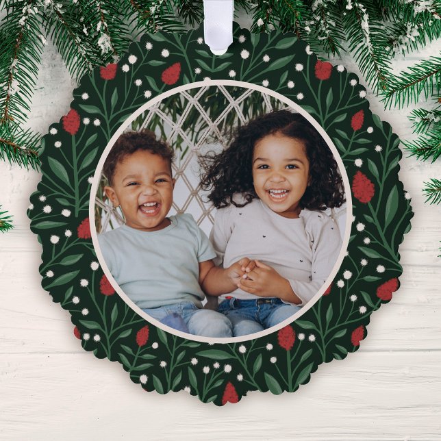 Classic Floral Frame Photo Christmas | Green Ornament Card (Creator Uploaded)