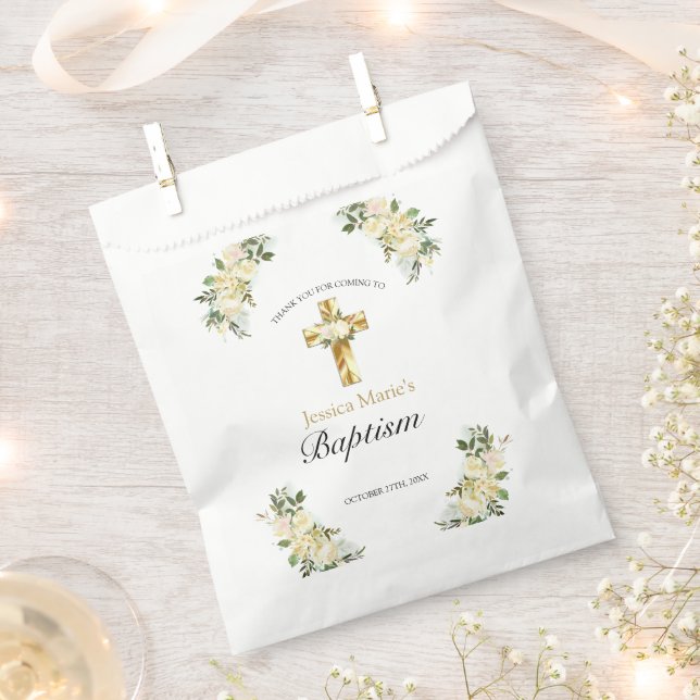 Classic Floral Gold Cross Baptism Thank You Favor Bag (Clipped)