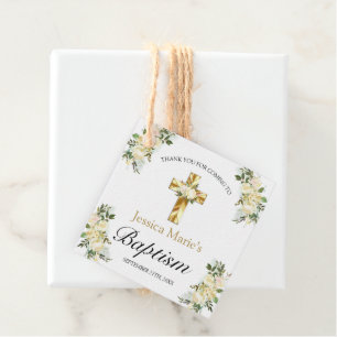 Classic Floral Gold Cross Baptism Thank You Favor Tags