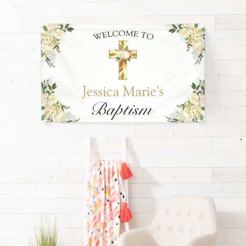 Classic Floral Gold Cross Baptism Welcome Banner