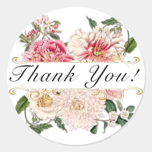 Classic Floral Gold Swirls Elegant White Thank You Classic Round Sticker