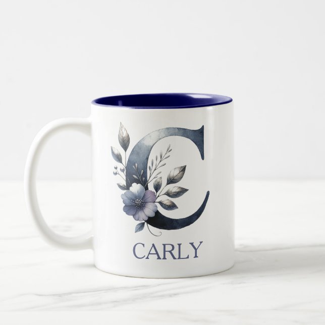 Classic Floral Initial letter C - Custom Name Two-Tone Coffee Mug (Left)