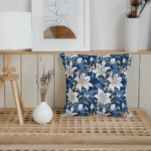 Classic Floral Lilies White Blue Spring Garden Throw Pillow