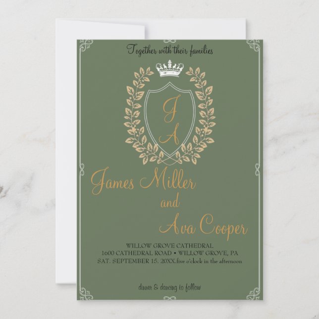 Classic Floral Monogram Crest Wedding Invitation. Invitation (Front)