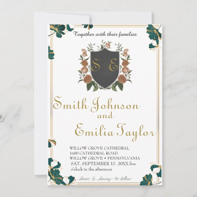 Classic Floral Monogram Crest Wedding Invitation. Invitation (Front)