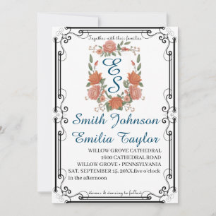 Classic Floral Monogram Crest Wedding Invitation. Invitation