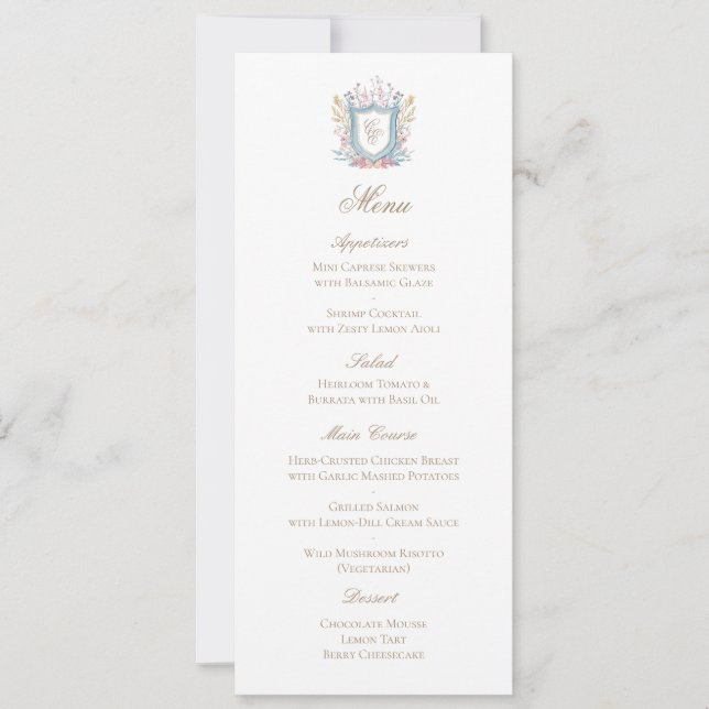 Classic Floral Monogram Crest Wedding Menu Card (Front)
