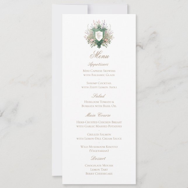 Classic Floral Monogram Crest Wedding Menu Card (Front)