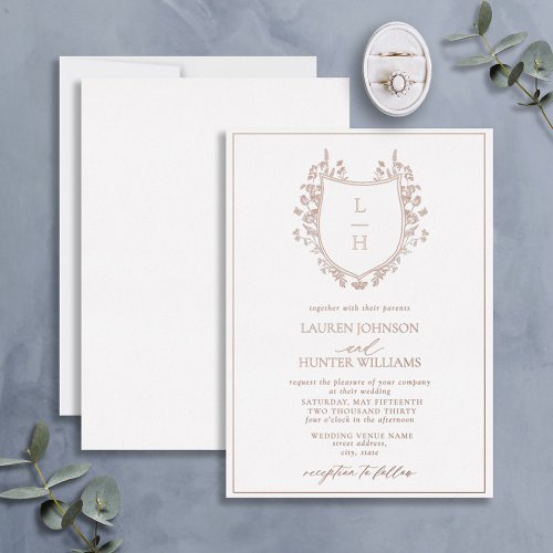 Classic Floral Monogram Crest Wedding Rose Gold Foil Invitation