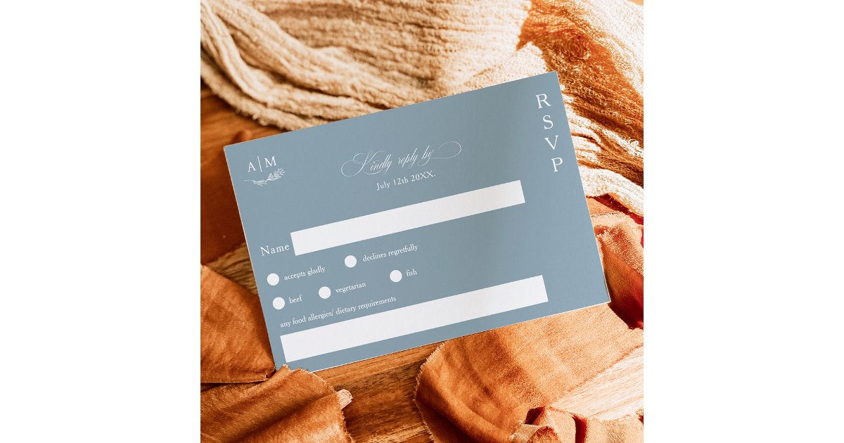 Classic floral monogram dusty blue wedding RSVP card | Zazzle