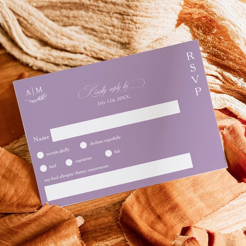 Classic floral monogram purple wedding RSVP card