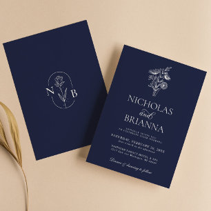 Classic Floral Navy Blue Wedding Minimalist Invitation