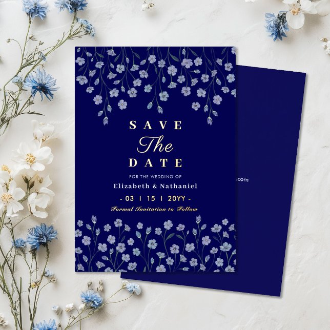 Classic Floral Navy Gold Wedding Save The Date Foil Invitation (Creator Uploaded)