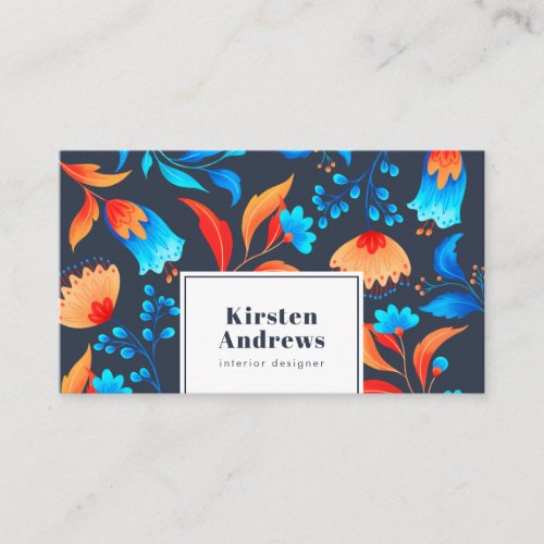 Classic floral pattern blue orange night flowers business card