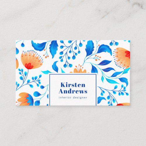 Classic floral pattern boho blue orange flowers business card
