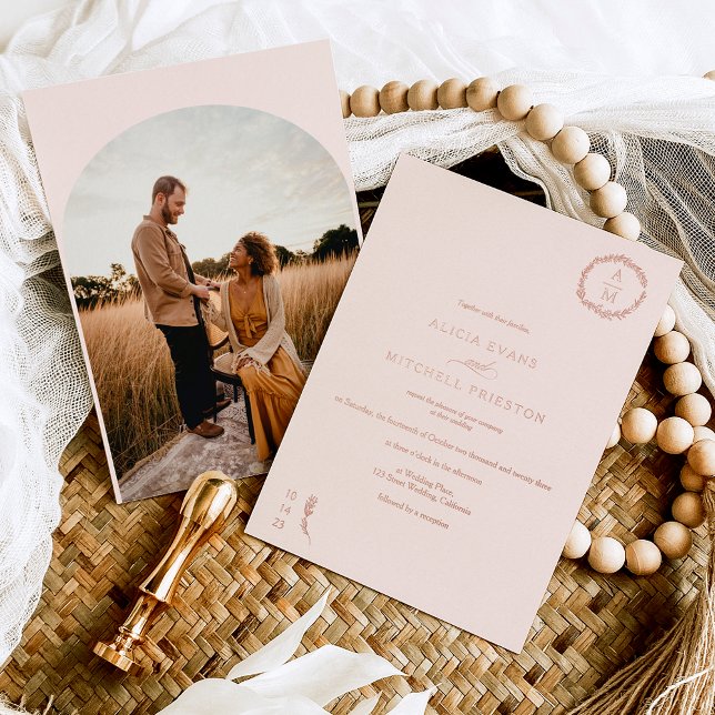 Classic floral pink monogram wedding arch foil invitation (Creator Uploaded)