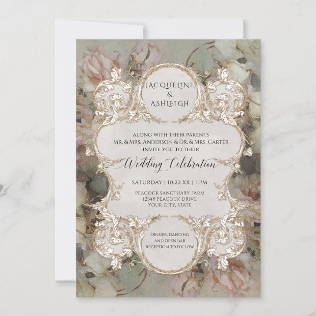 Classic Floral Pink White Rose Gold Gilded Script Invitation (Front)