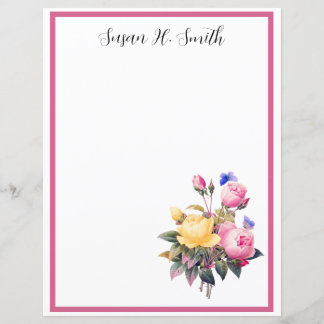 Classic Floral Pink Yellow Roses Purple Butterfly