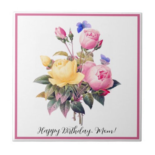 Classic Floral Pink Yellow Roses Purple Butterfly Ceramic Tile
