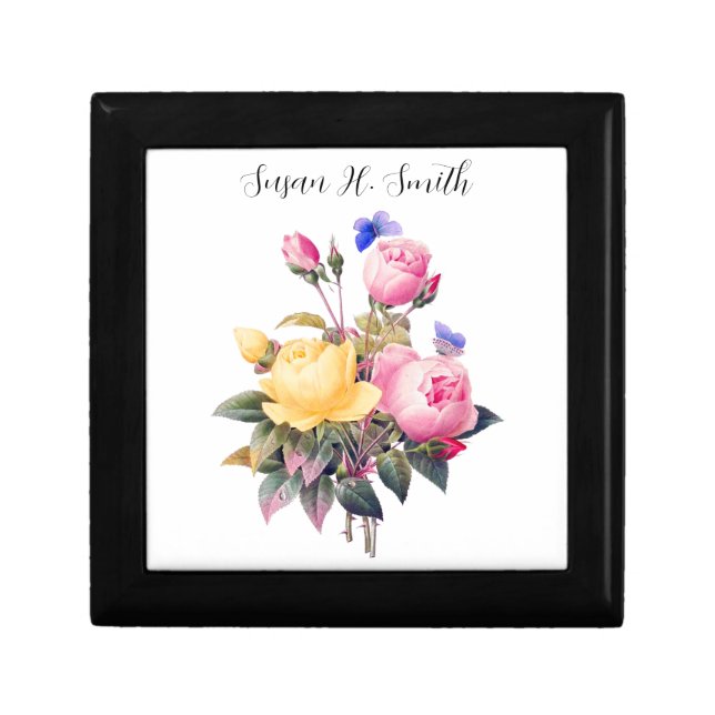 Classic Floral Pink Yellow Roses Purple Butterfly Gift Box (Front)