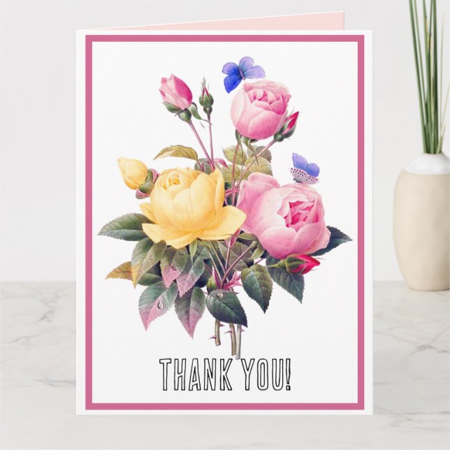 Classic Floral Pink Yellow Roses Purple Butterfly Thank You Card (Front)
