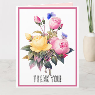 Classic Floral Pink Yellow Roses Purple Butterfly Thank You Card