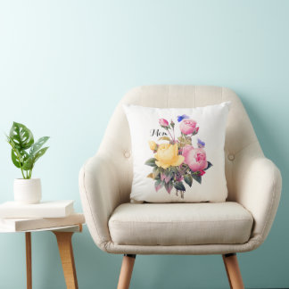 Classic Floral Pink Yellow Roses Purple Butterfly Throw Pillow