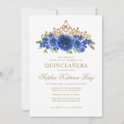 Classic Floral Royal Blue Gold Tiara Quinceaera Invitation