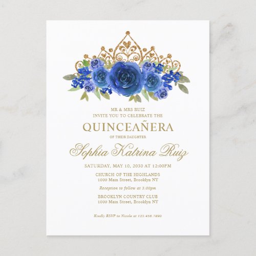 Classic Floral Royal Blue Gold Tiara Quinceaera Postcard