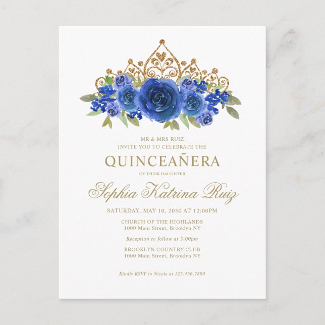 Classic Floral Royal Blue Gold Tiara Quinceañera Postcard (Front)