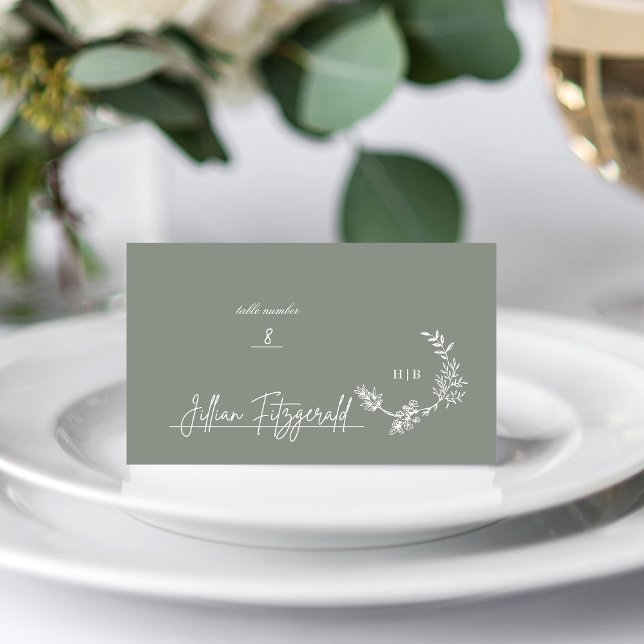 Classic Floral Sage Green Wreath Monogram Wedding Place Card (Creator Uploaded)