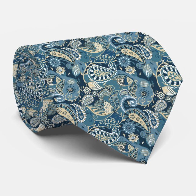 Classic Floral Slate Blue Paisley Neck Tie (Rolled)