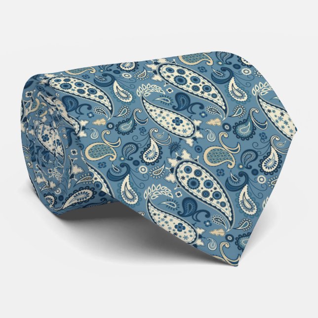Classic Floral Slate Blue Paisley Neck Tie (Rolled)