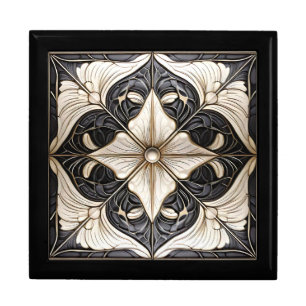 Classic Floral Tile Pat#11 Black Ivory Wht ID1078 Gift Box