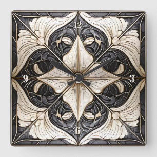 Classic Floral Tile Pat#11 Black Ivory Wht ID1078 Square Wall Clock