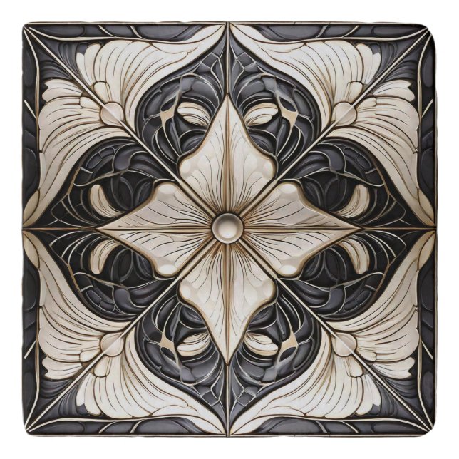 Classic Floral Tile Pat#11 Black Ivory Wht ID1078 Trivet (Front)
