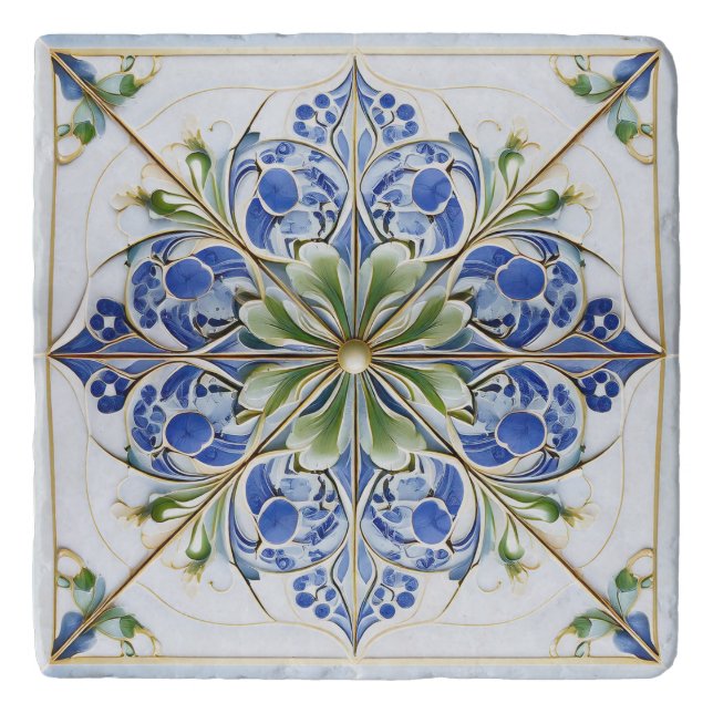Classic Floral Tile Pat#13 Blue Green ID1078 Trivet (Front)