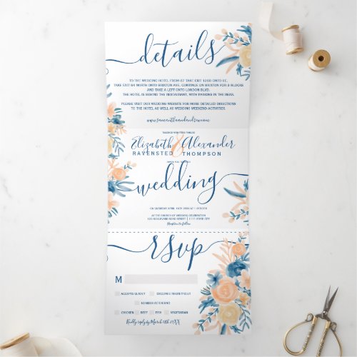Classic floral watercolor blue peach wedding Tri_Fold invitation