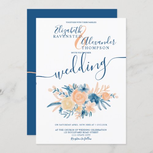Classic floral watercolor navy blue peach wedding invitation