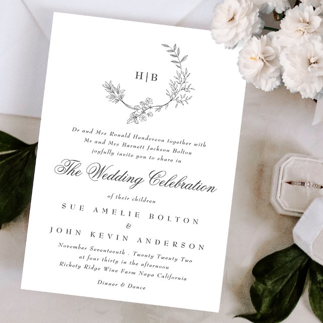 Classic Floral Wreath Double Monogram Wedding Invitation (Creator Uploaded)