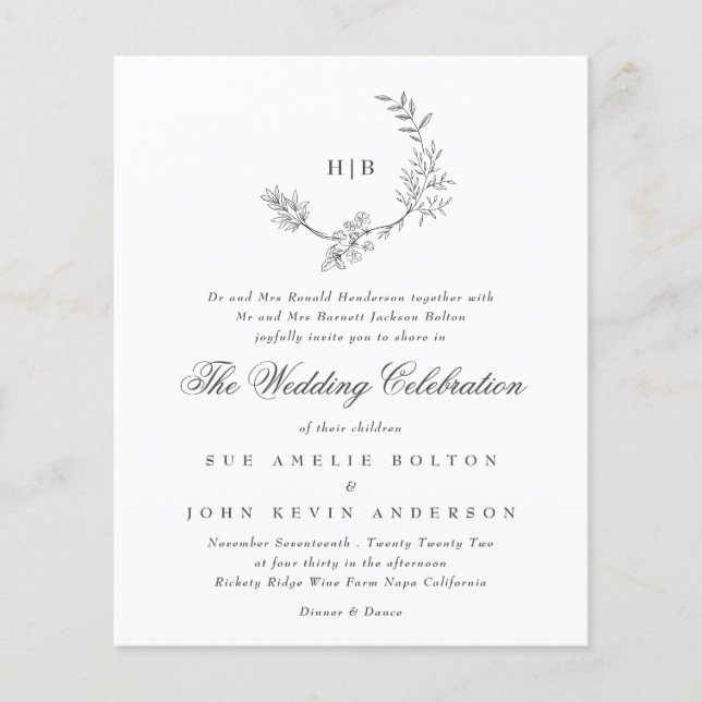 Classic Floral Wreath Monogram Budget Wedding Flyer (Front)