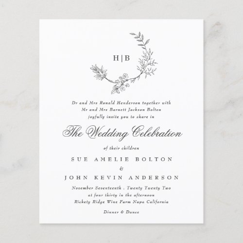 Classic Floral Wreath Monogram Budget Wedding Flyer