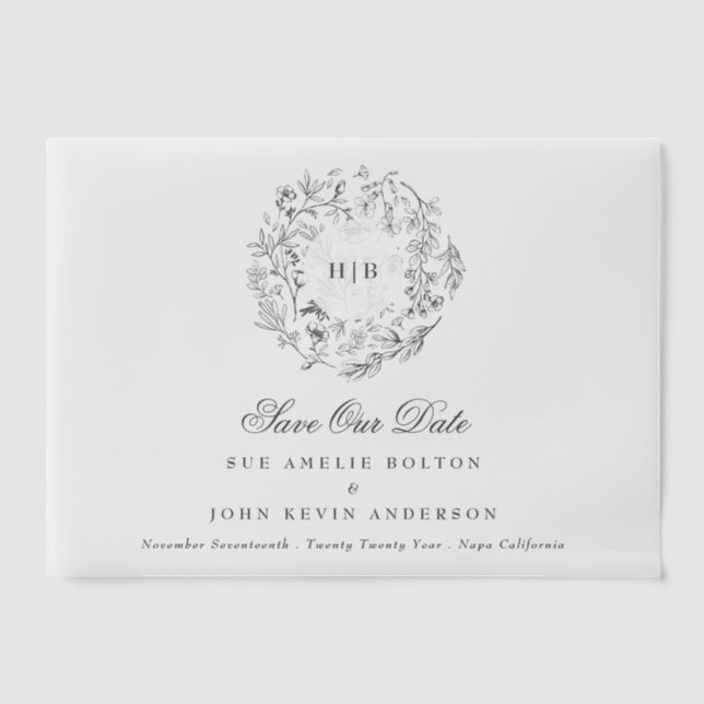 Classic Floral Wreath Monogram Save The Date Vellum Invitations (Front)