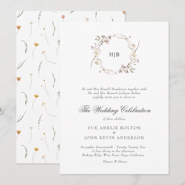 Classic Floral Wreath Monogram Surname Wedding  Invitation (Front/Back)