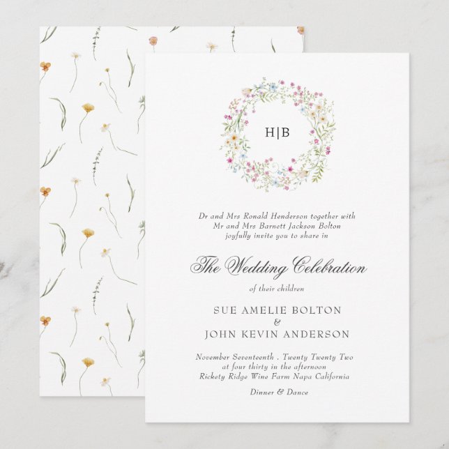 Classic Floral Wreath Monogram Surname Wedding  Invitation (Front/Back)