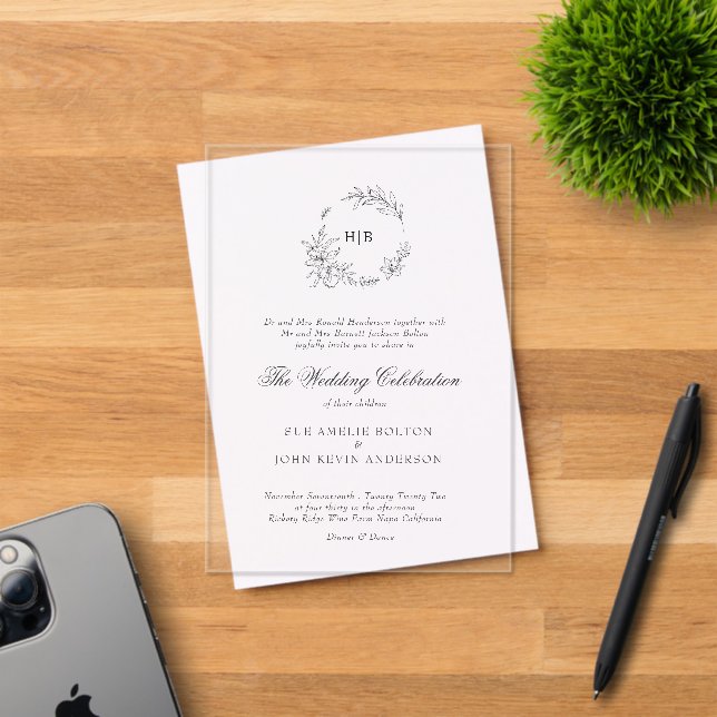Classic Floral Wreath Monogram Wedding Acrylic Invitations (Insitu (Invitation Card))