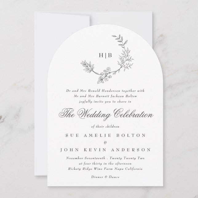 Classic Floral Wreath Monogram Wedding Arch Invitation (Front)